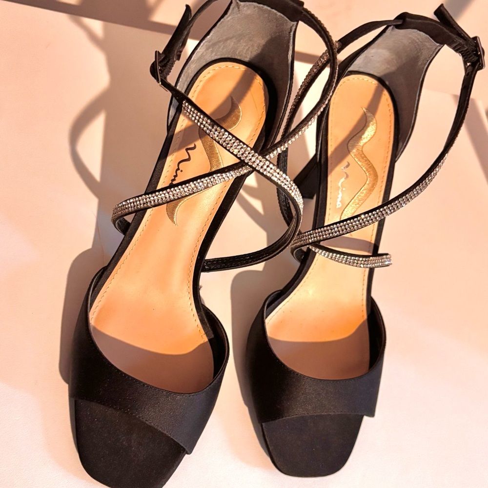 Women's Black Strappy Evening Sandals with Rhinestone Accent